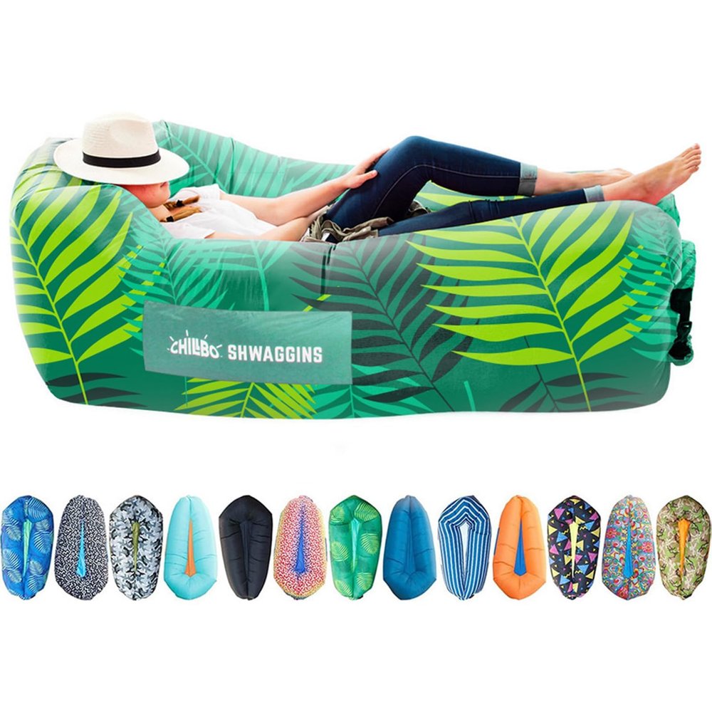 Chillbo Shwaggins Inflatable Couch No-Pump Setup, Ripstop Polyester, Stability Pegs, Fun Prints, Portable Air Lounger for Beach, Camping, Festivals, and Tailgating - Green Leaf