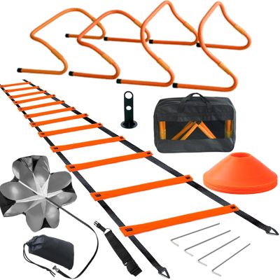 Speed Training Hurdles Set - Agility Footwork Training and Speed Hurdles Ladder, 4 Adjustable Training Hurdle, 20ft Agility Ladder Set with 12 Rungs, 1 Running Parachute and Footwork Drills Equipment