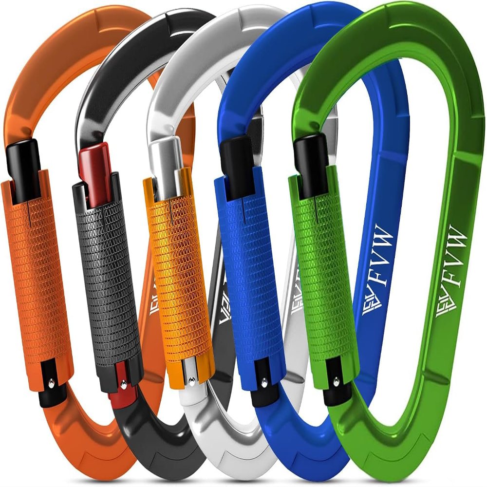 FVW Auto Locking Rock Climbing Carabiner Clips, UIAA Certified 25KN (5620 lbs) Heavy Duty Caribeaners for Rappelling Swing Rescue & Gym etc, Large D-Shaped Carabiners, (Mix Color),5 Pack