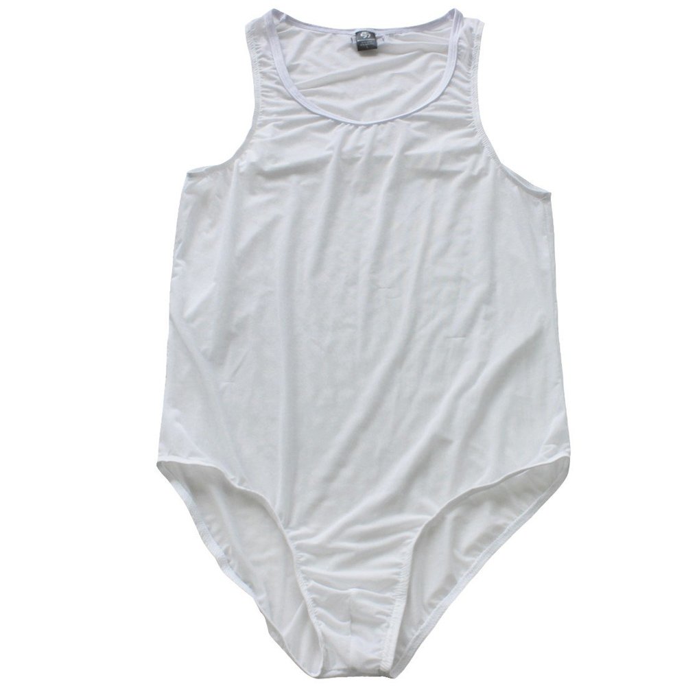 Hansber Men's One-Piece High Cut Gym Leotard Tank Top Wrestling Singlet Running Swimwear Bosysuit White Medium