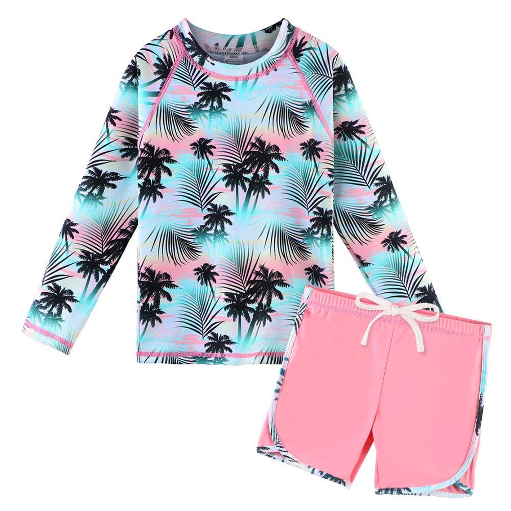 TFJH E Kids Girls Long Sleeve Swimwear Rash Guard Bathing Suits UV 50+ 2-Pieces Green Pink 14A