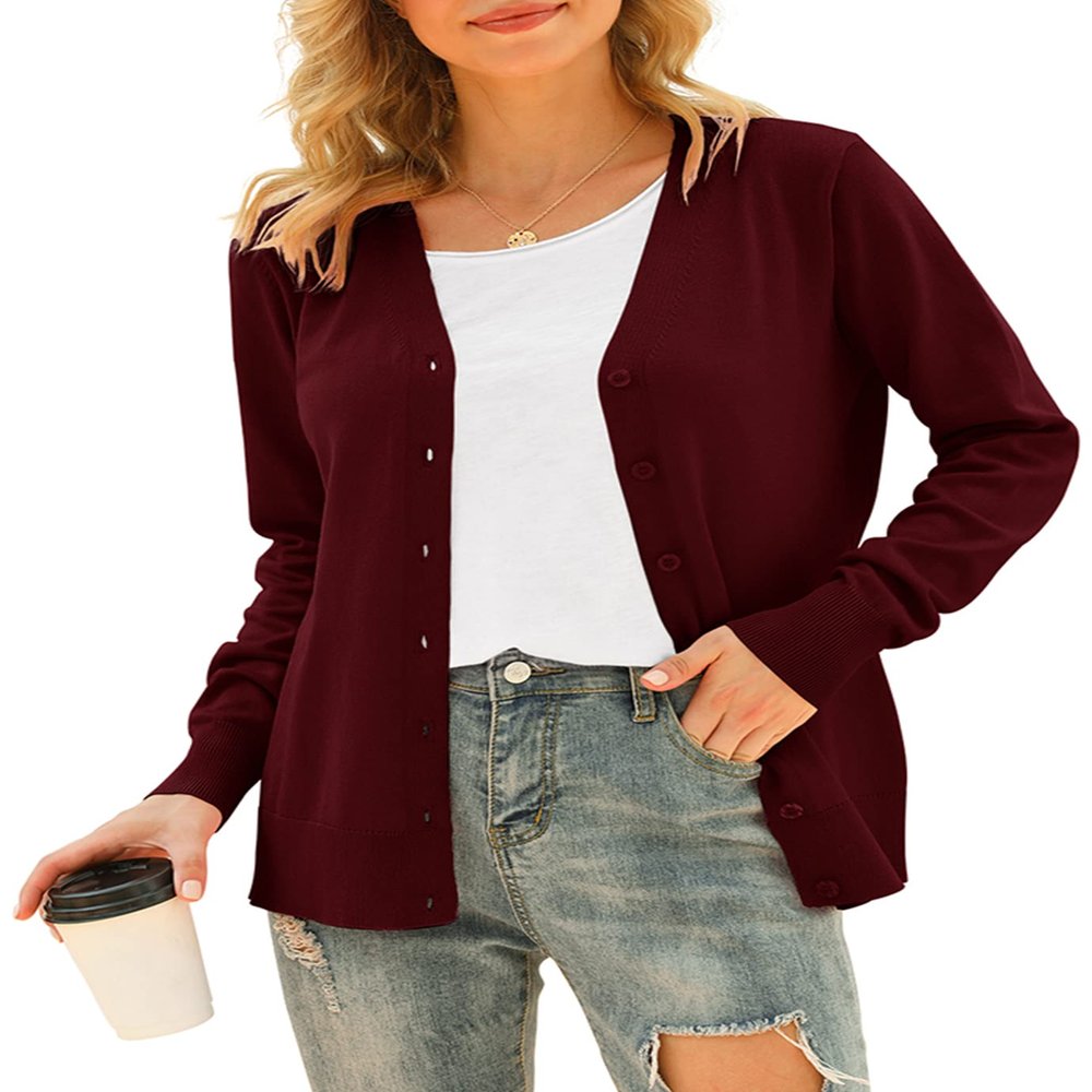 VIISHOW Women's Long Sleeve Button Down Contrast Color Sweater Knit Cardigan,Wine red, XX-Large