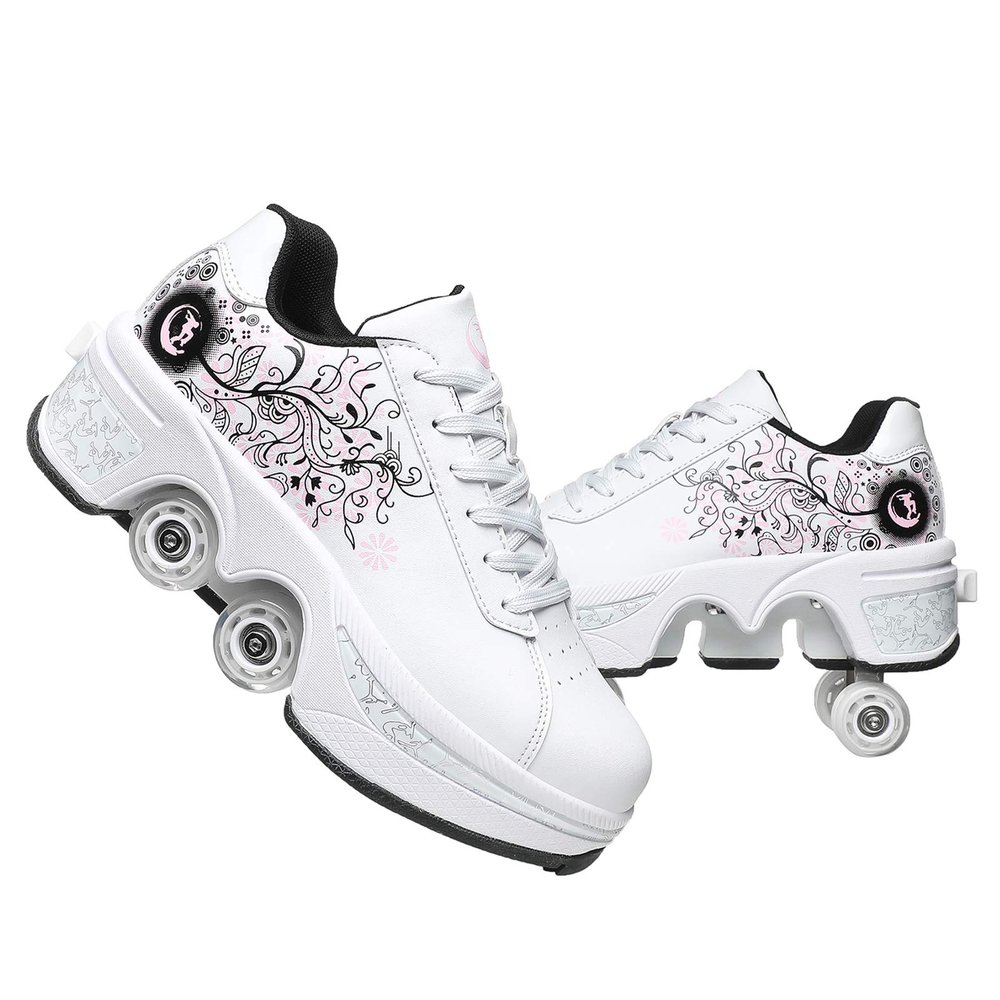 Automatic Walking Shoes Invisible Roller Skate 2 in 1 Removable Pulley Skates Skating Double-Row Deform Wheel Deformation (White Black Powder, US 6.5)