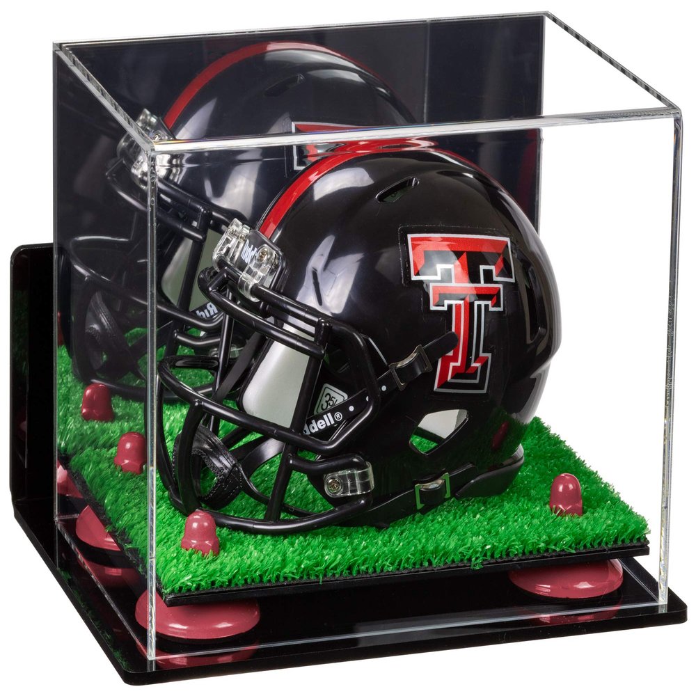 Better Display Cases Acrylic Mini - Miniature Football Helmet (not Full Size) Display Case with Mirror, Pink Risers, Turf Base and Wall Mount (V45)