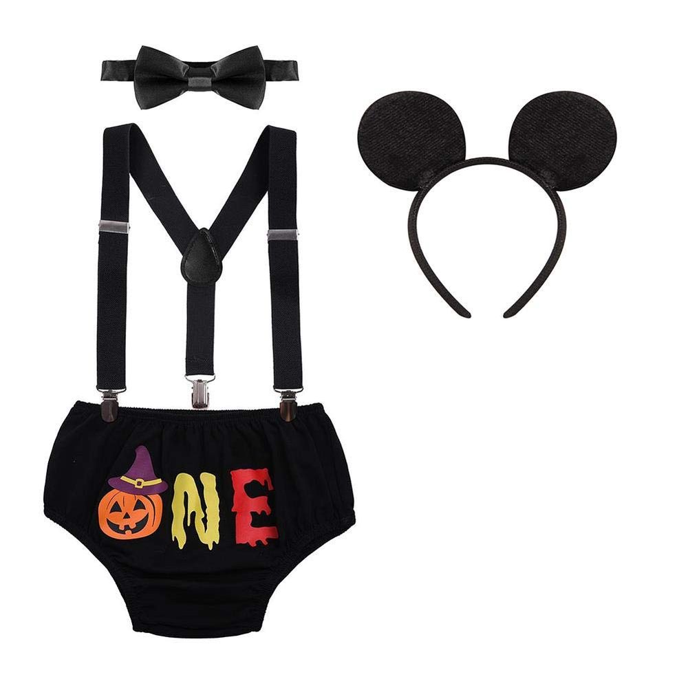 IBTOM CASTLE Baby Boys Cake Smash Outfits Wild One Crown for 1st 2nd Birthday Party 4PCS Shorts Bowtie Suspenders Headbands Clothes Pumpkin-Black 18-24 Months