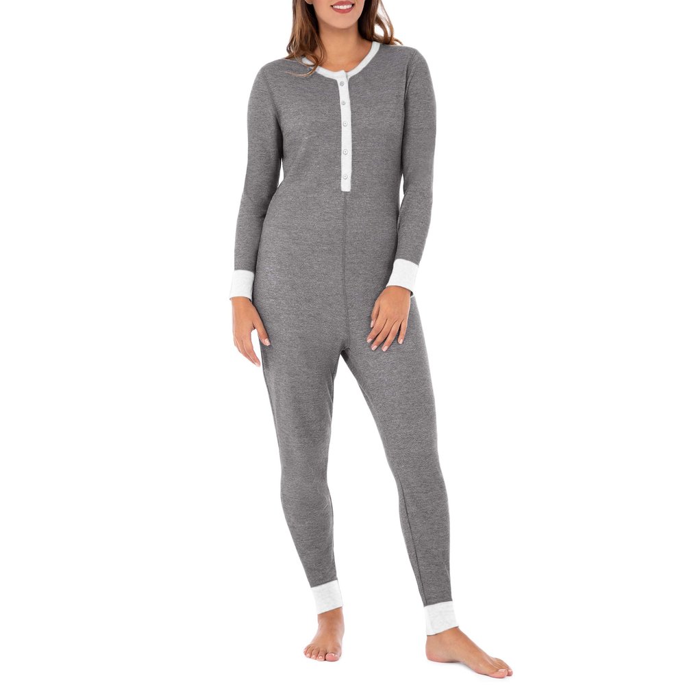 Fruit of The Loom Women's Micro Waffle Thermal Union Suit, Smoke Heather, 2X Plus