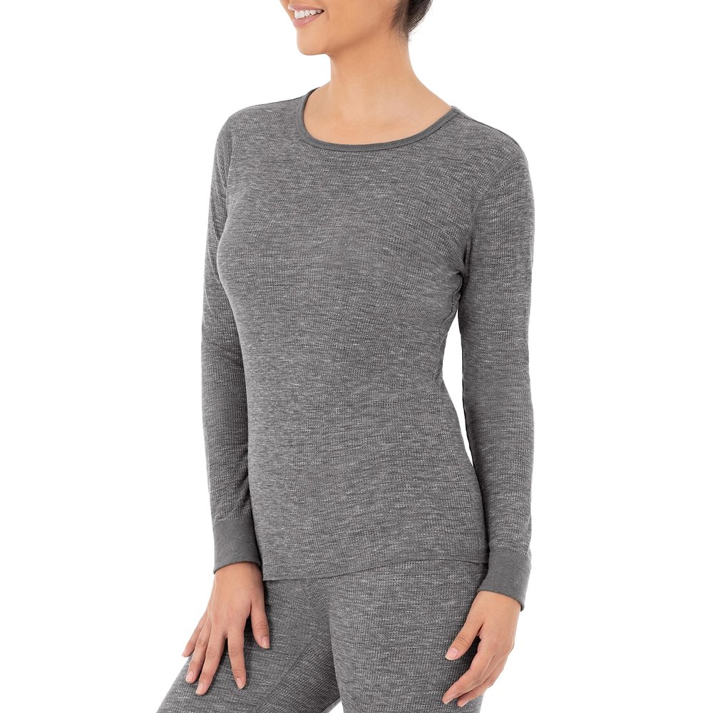 Fruit of The Loom Women's Micro Waffle Thermal Crew Top, Smoke Heather, Large