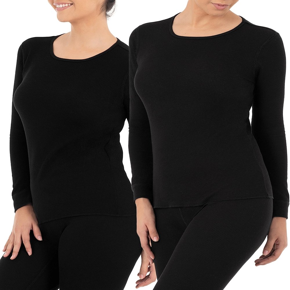 Fruit of The Loom Women's 2-Pack Micro Waffle Thermal Crew Top, Black/Black, Small