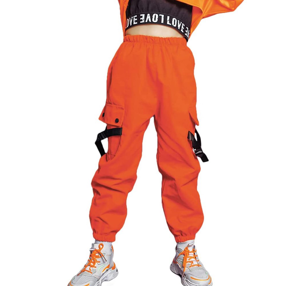 Rolanko Big Girls Cargo Pants Loose Joggers Trousers Kids Hip Hop Dance Clothes (Orange, 12-14)