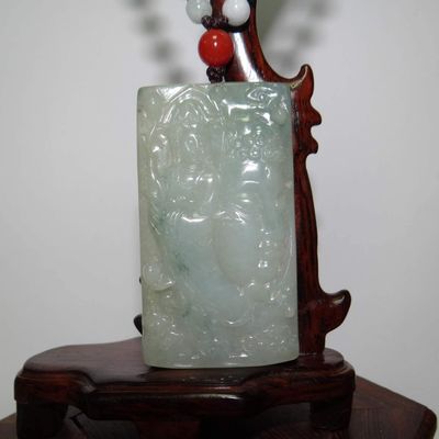 2.4" China Certified Grade A Nature Jadeite Jade Blessing Manjusri and Buddha Hand Carved Necklace Pendant 8578