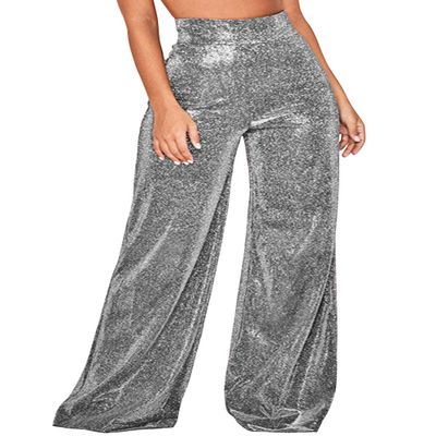 ebossy Women's Metallic Glitter Wide Leg Pant Party Club High Rise Flare Pant Trousers (Asian Small, Silver Black)