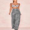 ebossy Women's Metallic Glitter Wide Leg Pant Party Club High Rise Flare Pant Trousers (Asian Small, Silver Black) view 2