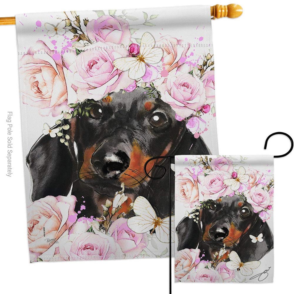 Breeze Decor Dachshund Floral Garden House Flag Set Dog Puppy Spoiled Paw Canine Fur Pet Nature Farm Animal Creature Decoration Banner Small Yard Gift Double-Sided, Made in USA