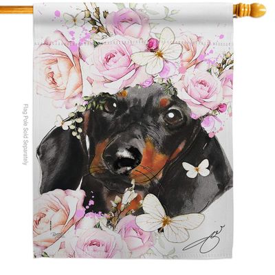 Breeze Decor Dachshund Floral House Flag Dog Puppy Spoiled Paw Canine Fur Pet Nature Farm Animal Creature Decoration Banner Small Garden Yard Gift Double-Sided, Made in USA