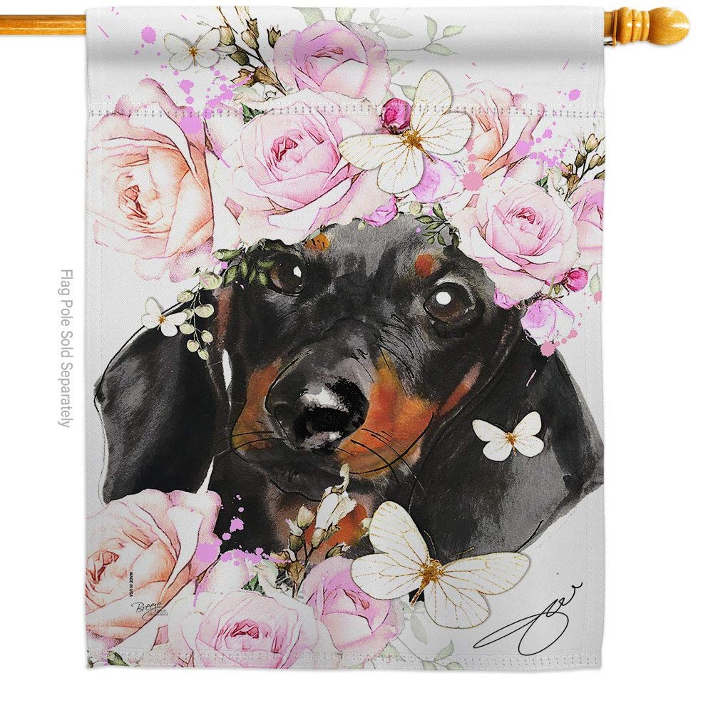Breeze Decor Dachshund Floral House Flag Dog Puppy Spoiled Paw Canine Fur Pet Nature Farm Animal Creature Decoration Banner Small Garden Yard Gift Double-Sided, Made in USA