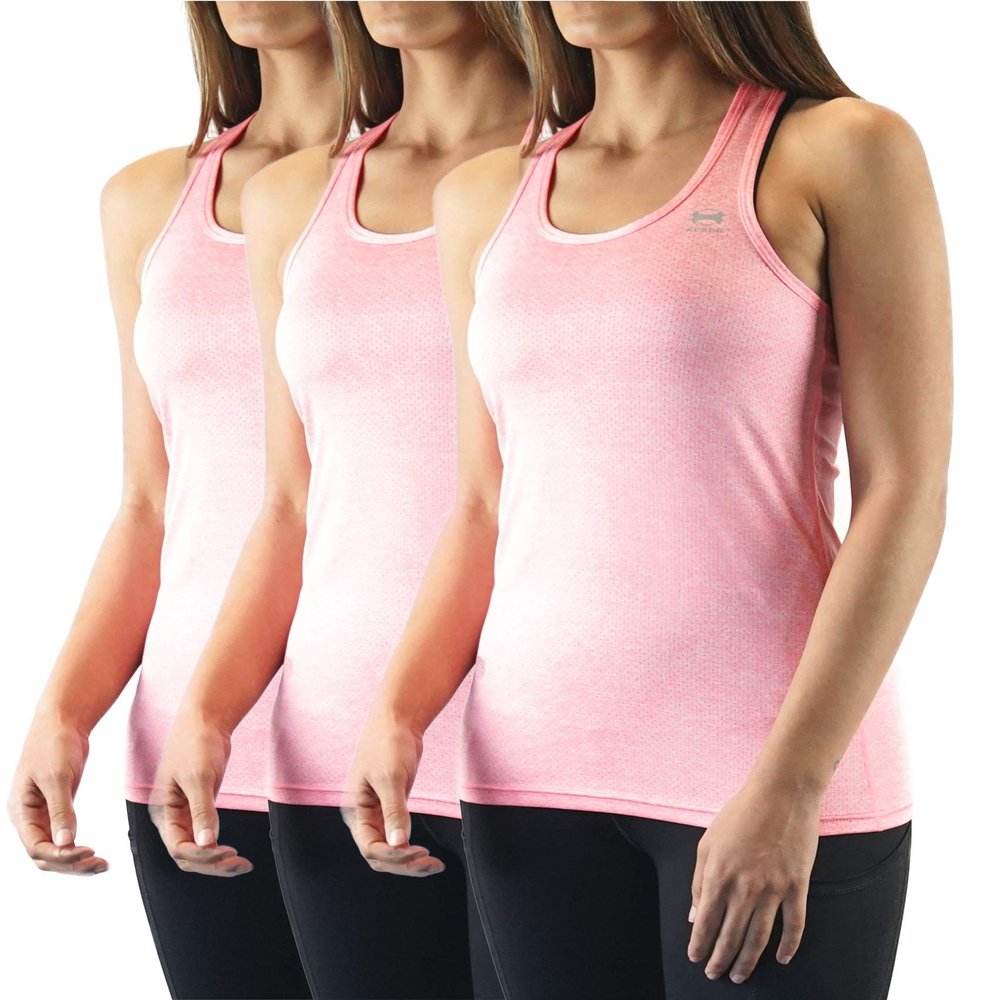 AOXOR Essence Women's Active Stretchy Moisture-Wicking Form-Fitting Yoga Running Racerback Tank Top, Peach Pink, Pack of 3, L