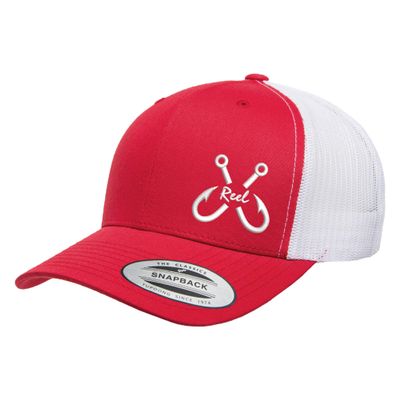 Love Sketches Embroidered Fishing Hooks Reel Text Design Trucker Snapback Cap Mesh Back Men and Women (Red/White-wt)
