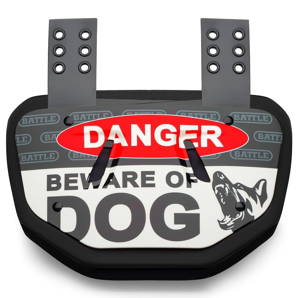 Battle Sports Novelty Football Back Plate Hard Shell Lower Back Protector with Contoured Foam for High-Impact Protection - Adult, Beware of Dog Black/White/Red