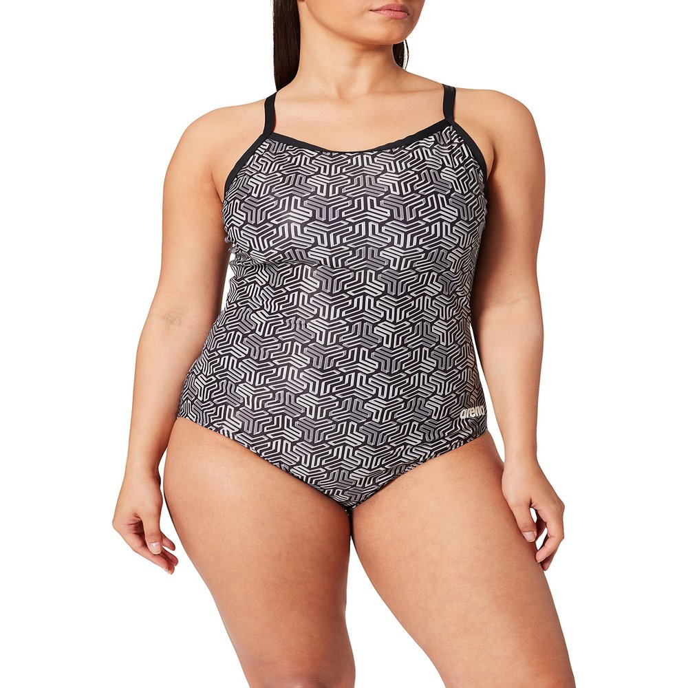 ARENA Women's Kikko Light Drop Back One Piece - Chlorine Resistant, UV Protection, Supportive Thin Straps Swimsuit,Black-Multi Black,20