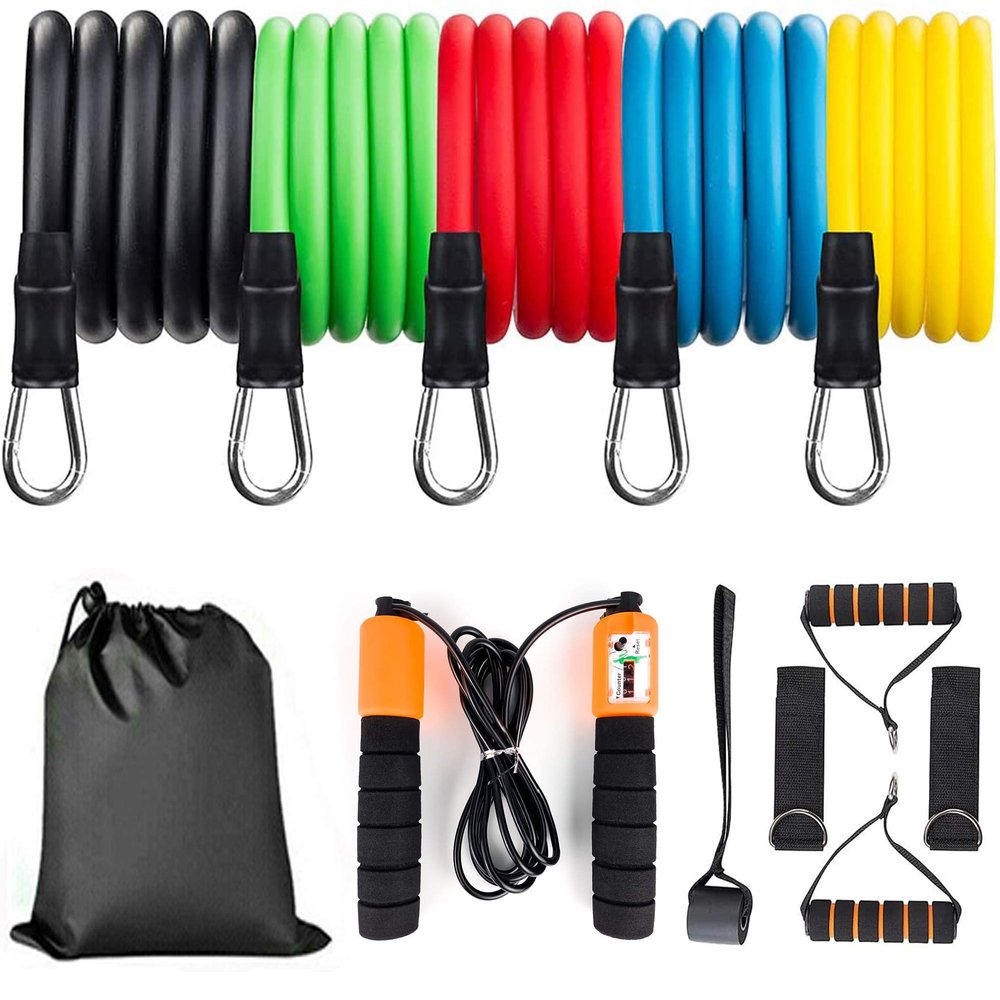 11 Pack Exercise Resistance Bands with Handles Exercise Stretch Fitness Home Set, With 5 Stackable Exercise Bands with Carry Bag, Handles, Legs Ankle Straps & Door Anchor, Automatic Counting Jump Rope