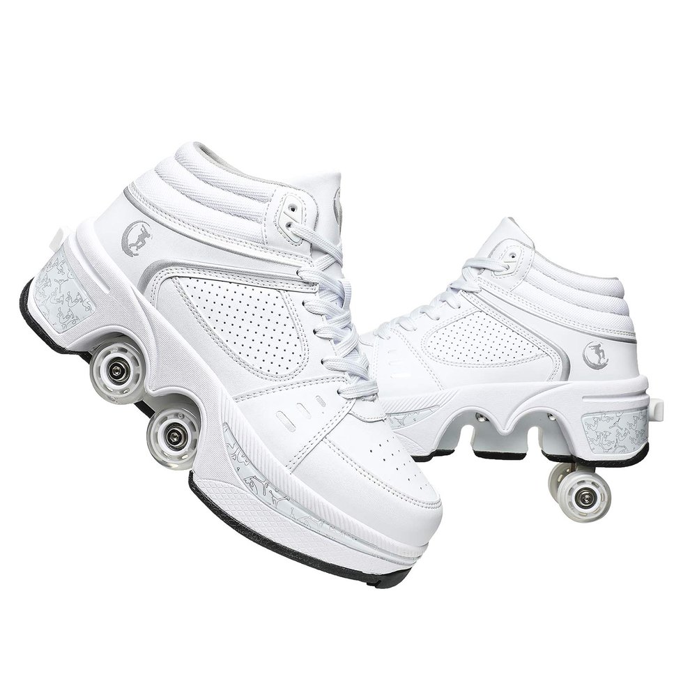 Automatic Walking Shoes Invisible Roller Skate 2 in 1 Removable Pulley Skates Skating Double-Row Deform Wheel Deformation (White high, US 7.5)