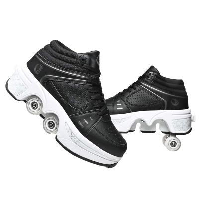 Automatic Walking Shoes Invisible Roller Skate 2 in 1 Removable Pulley Skates Skating Double-Row Deform Wheel Deformation (Black high, US 5)
