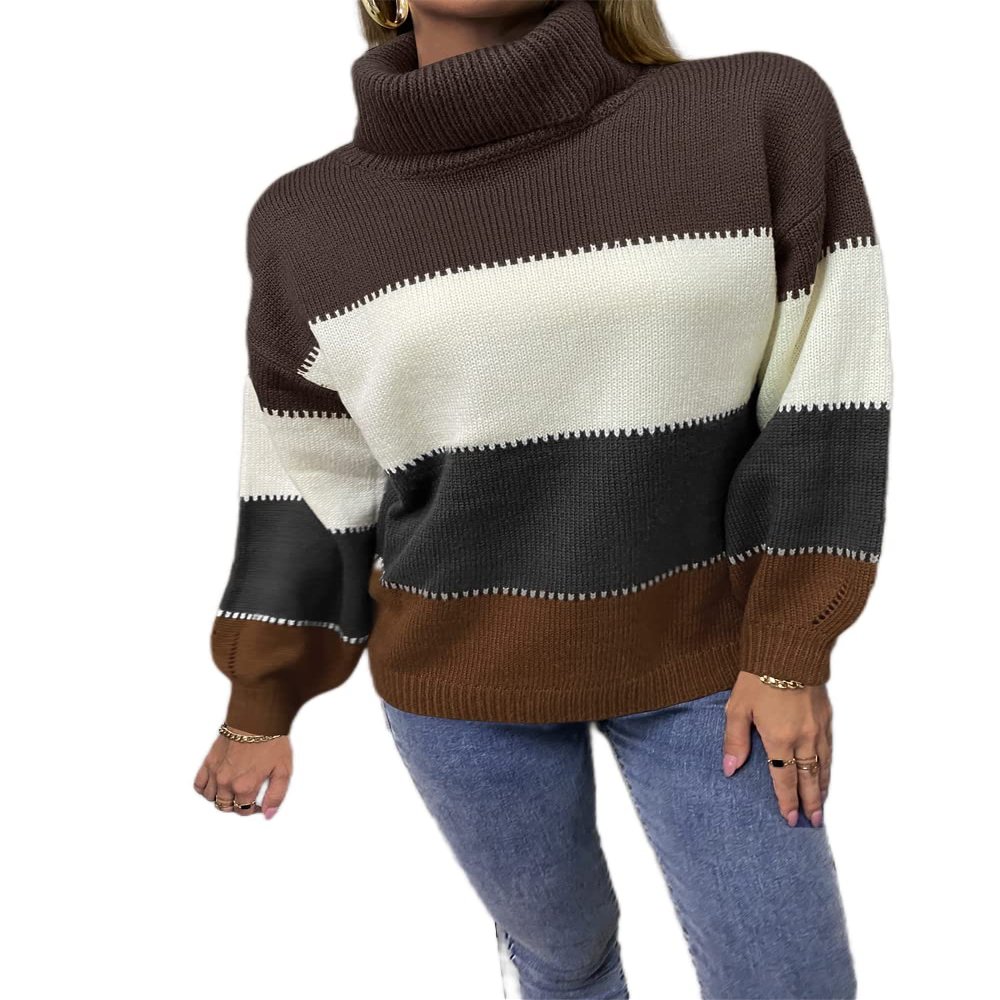 BROCHRY Women's New Winter 2020 Fashion Personality Red Sweater Knit Top High-Necked, Sawtooth Patchwork Sleeve Push Thick (Green, M)