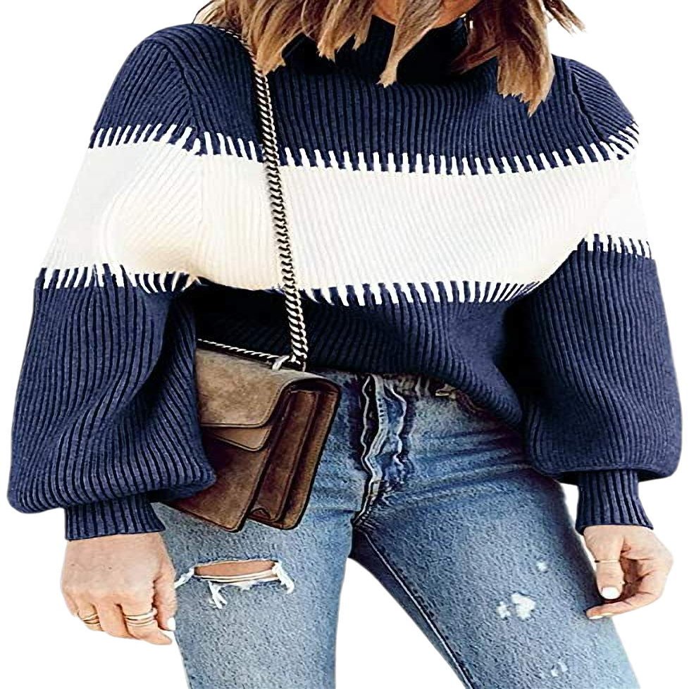 Women's New Winter 2020 Fashion Personality Red Sweater Knit Top Women, High-Necked, Sawtooth Patchwork Sleeve Push Thick Thermal Sweater (Blue, S)