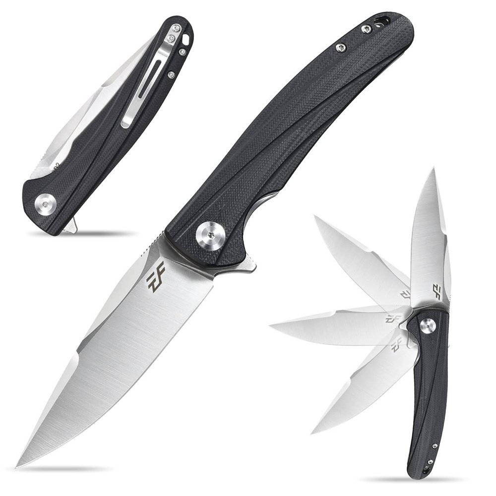 Eafengrow EF957 Folding Knife D2 Steel Blade G10 Handle with Pocket Clip Reliable Locking Mechanism EDC Flipper Knife for Camping Hiking(Black)