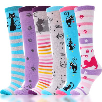 ANTSANG Kids Girls Knee High Socks Long Boot Crazy Silly Fun Gift Cute Tall Animal Socks for Child 6 Pairs Stocking Stuffers Gifts for 10 Year Old Girls Birthday Gifts Ideas(Little Cat)