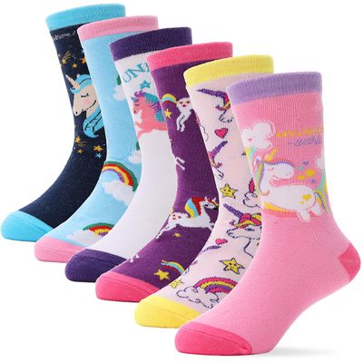 ANTSANG Children Cotton Crew Socks for Girl Boy Kids Toddler Gift Fashion Cute Cartoon Animal Stocking Stuffer Unicorn Socks 6 Pack (Unicorn-I, 5-8 Years Old)