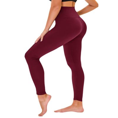 High Waisted Leggings for Women - No See Through Tummy Novelty Workout Yoga Pants with Pockets Reg & Plus Burgundy