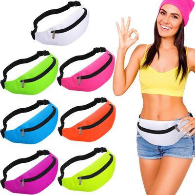 Weewooday 7 Pieces Neon Fanny Pack 80s Party Waist Bag Adjustable Waist 2 Zipper Travel Running Fanny Pack for Rave Party Women