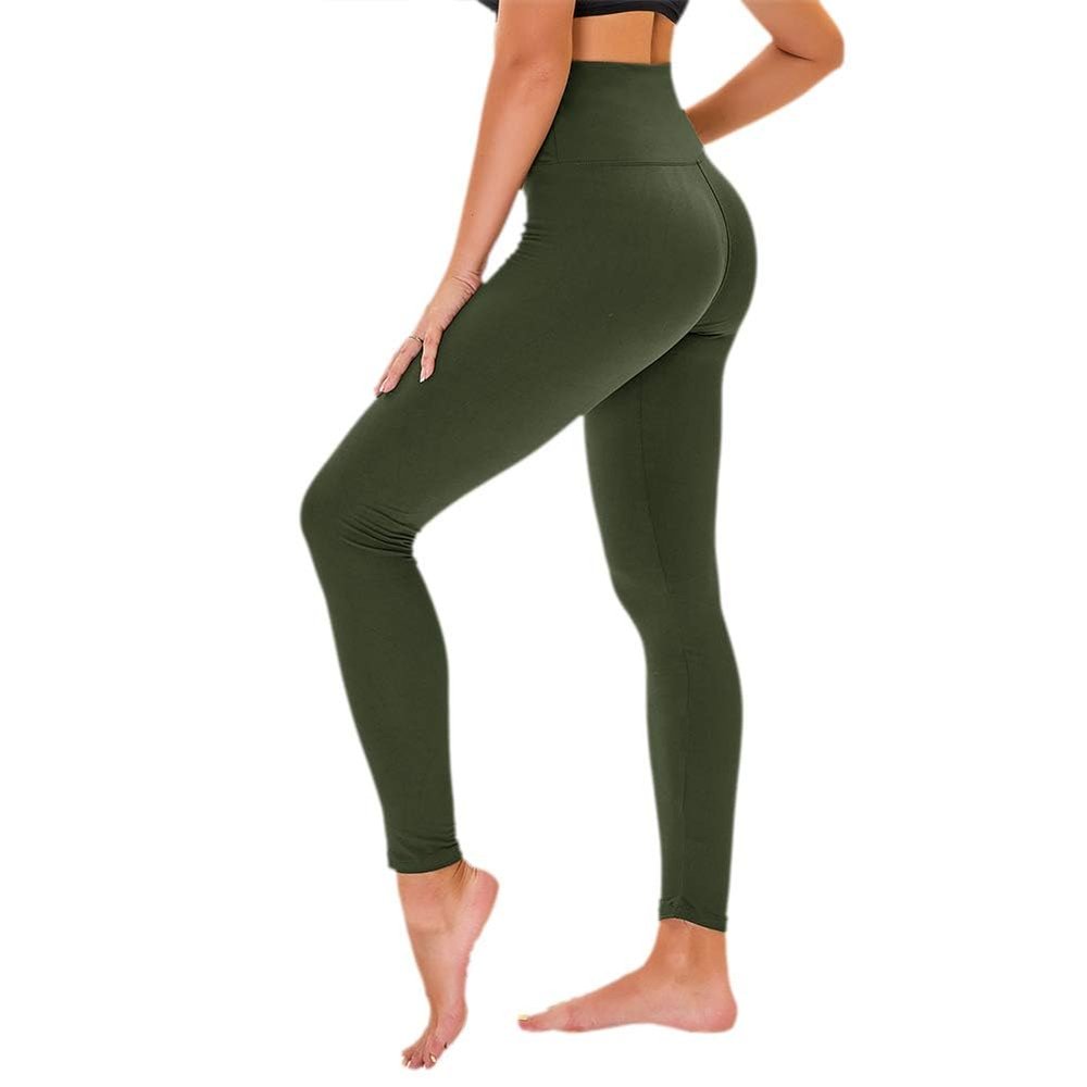 High Waisted Leggings for Women - No See Through Tummy Novelty Workout Yoga Pants with Pockets Reg & Plus Army Green