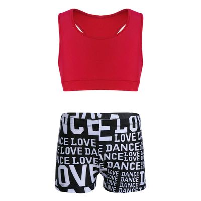 Hansber Kids Girls Dacncing Activewear Two Piece Sports Outfit Solid Racer Back Crop Tops with Booty Shorts Red 3-4