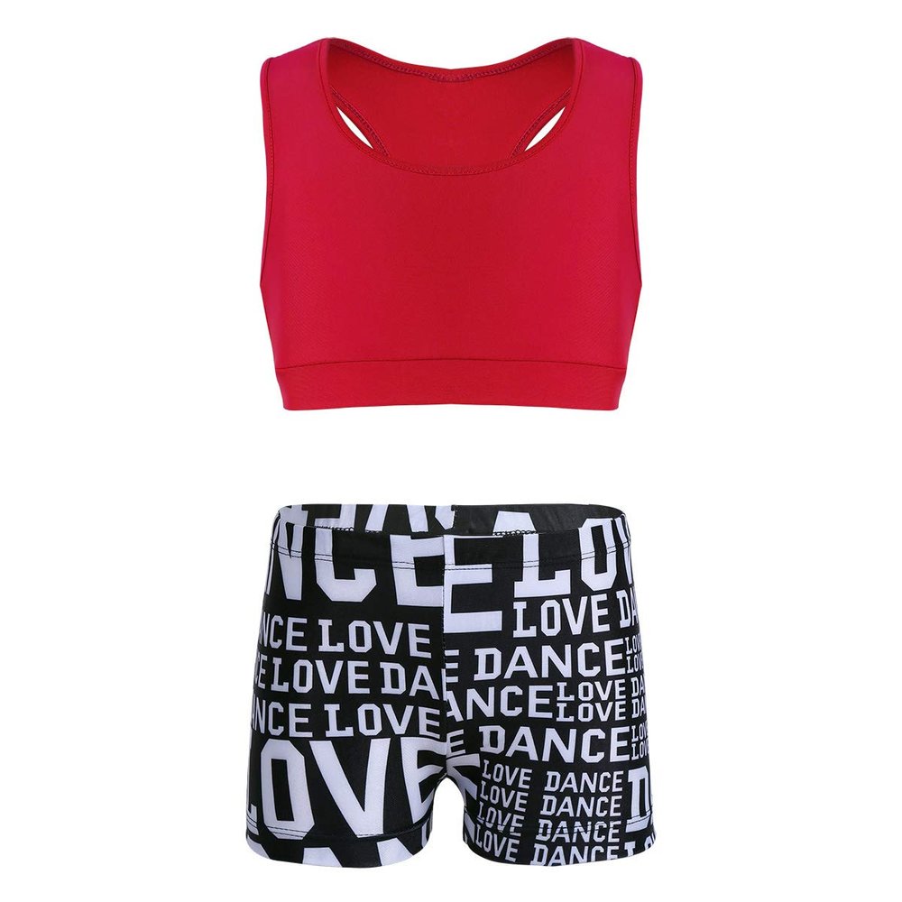 Hansber Kids Girls Dacncing Activewear Two Piece Sports Outfit Solid Racer Back Crop Tops with Booty Shorts Red 10-12