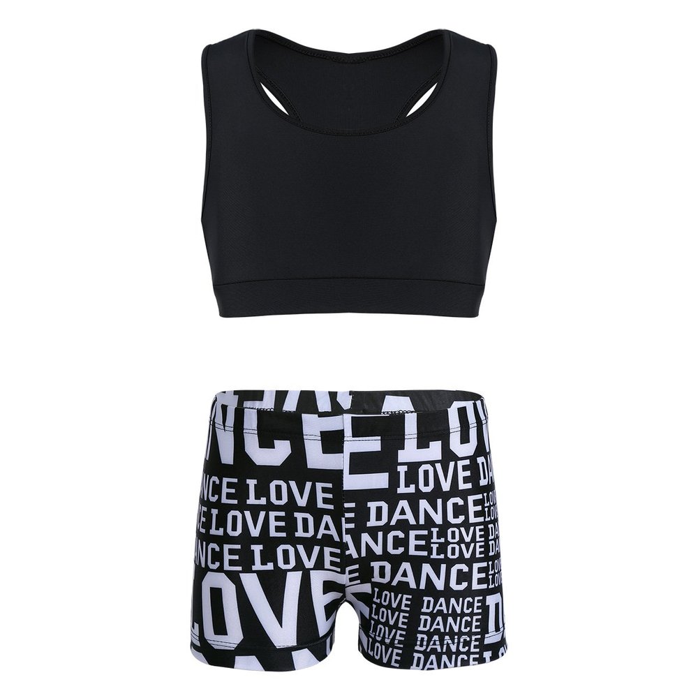 Hansber Kids Girls Dacncing Activewear Two Piece Sports Outfit Solid Racer Back Crop Tops with Booty Shorts Black 8-10
