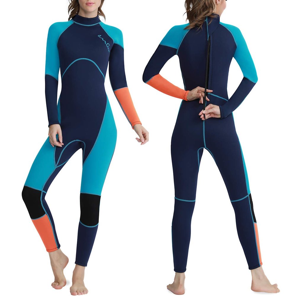 OMGear Wetsuit Men Women Youth 3mm Neoprene Full Body UV Protection One Piece Long Sleeves Scuba Diving Suits Back Zipper for Scuba Diving Surfing Snorkeling Swimming Water Sports(Green & Orange,S)