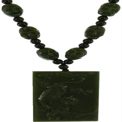 2.4" China Certified Jewelry Nature Hetian Nephrite Jade Auspicious Tiger and 18 Arhat Necklace Pendants
