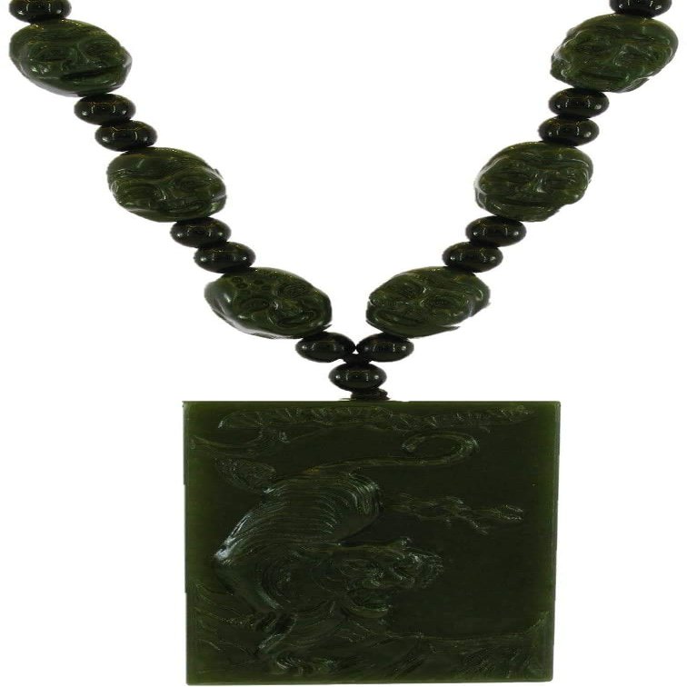 2.4" China Certified Jewelry Nature Hetian Nephrite Jade Auspicious Tiger and 18 Arhat Necklace Pendants