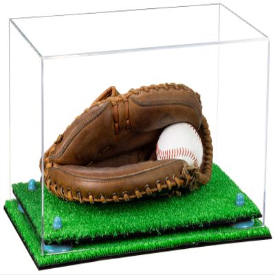 Better Display Cases Acrylic Baseball Catchers Glove Display Case with Clear Case, Light Blue Risers and Turf Base (A011/V16)