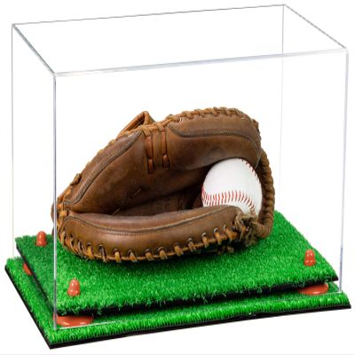 Better Display Cases Acrylic Baseball Catchers Glove Display Case with Clear Case, Orange Risers and Turf Base (A011/V16)