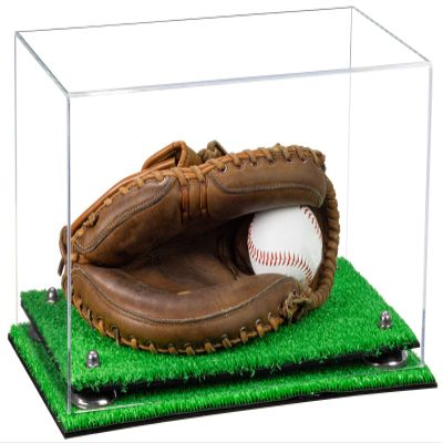Better Display Cases Acrylic Baseball Catchers Glove Display Case with Clear Case, Silver Risers and Turf Base (A011/V16)