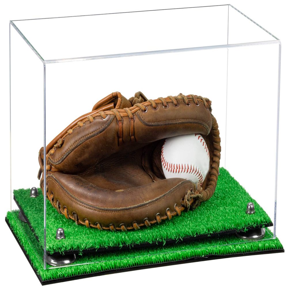 Better Display Cases Acrylic Baseball Catchers Glove Display Case with Clear Case, Silver Risers and Turf Base (A011/V16)