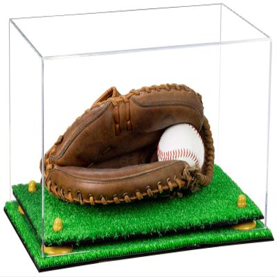 Better Display Cases Acrylic Baseball Catchers Glove Display Case with Clear Case, Yellow Risers and Turf Base (A011/V16)
