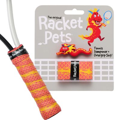 Racket Pets Kids Tennis Racket Dampener & Matching Overgrip Tape, Performance Shock Absorbing Dampener for Tennis Racket & Fun Animal Print Tennis Wrap Grip Tape (Dragon)