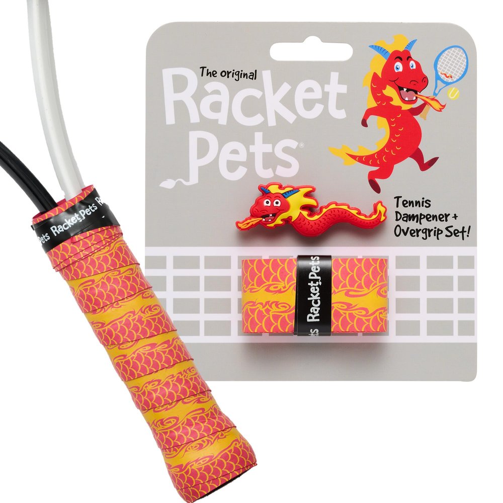Racket Pets Kids Tennis Racket Dampener & Matching Overgrip Tape, Performance Shock Absorbing Dampener for Tennis Racket & Fun Animal Print Tennis Wrap Grip Tape (Dragon)