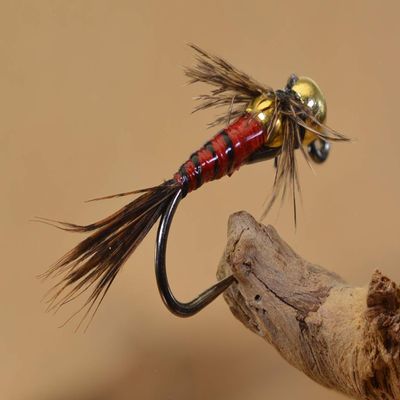 Tungsten Two Bit Hooker Red Jig Head Fly Euro Nymph Tied on Hanak Hooks - 6ct Pack (Hook #12)