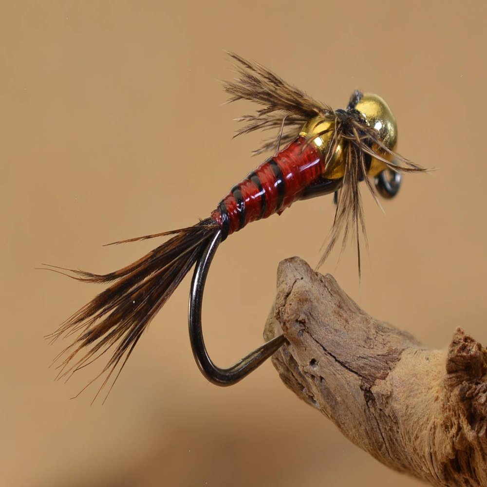 Tungsten Two Bit Hooker Red Jig Head Fly Euro Nymph Tied on Hanak Hooks - 6ct Pack (Hook #12)
