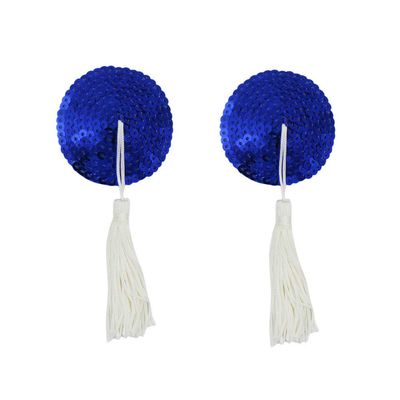 JUMISEE Reusable Adhesive Nipple Covers Pasties, Shiny Sequin Silicone Round-Shaped Breast Petals Bra with Tassel (Blue)